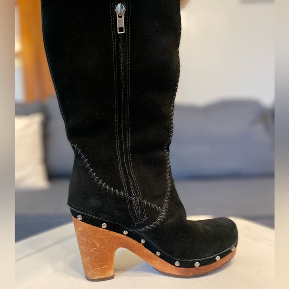 SOLD - UGG Lillian Tall Black Suede Shearling Kneehigh Studded Clogs Size 6 - Picture 4 of 10